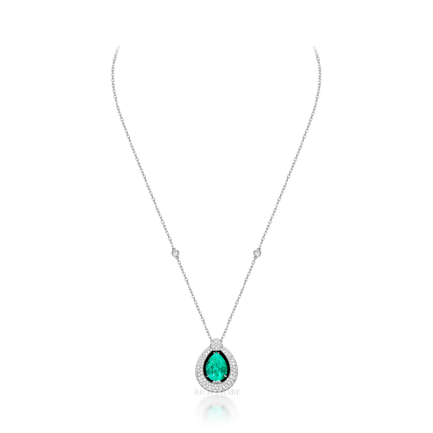 EMERALD, ONYX AND DIAMOND PENDENT NECKLACE